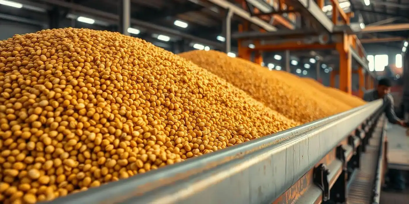 Soybean processing line inside an industrial warehouse